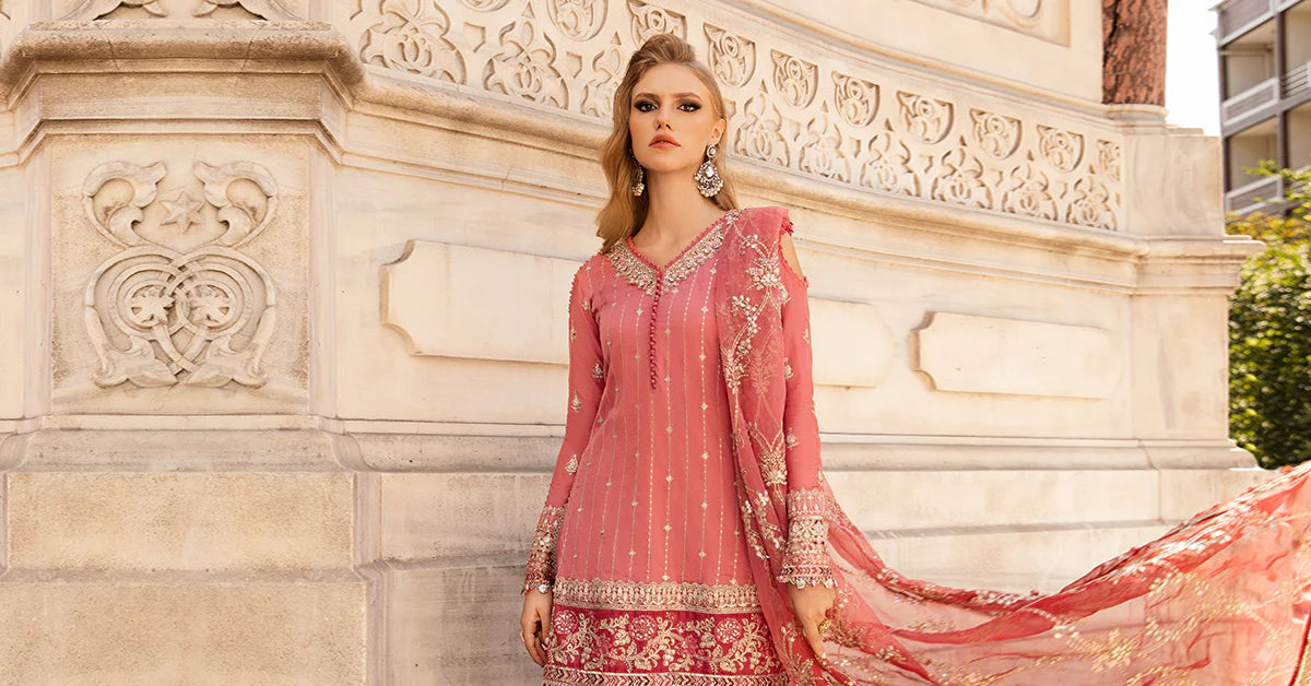 Pink Embroidered Cotton Satin Suit By Maria B