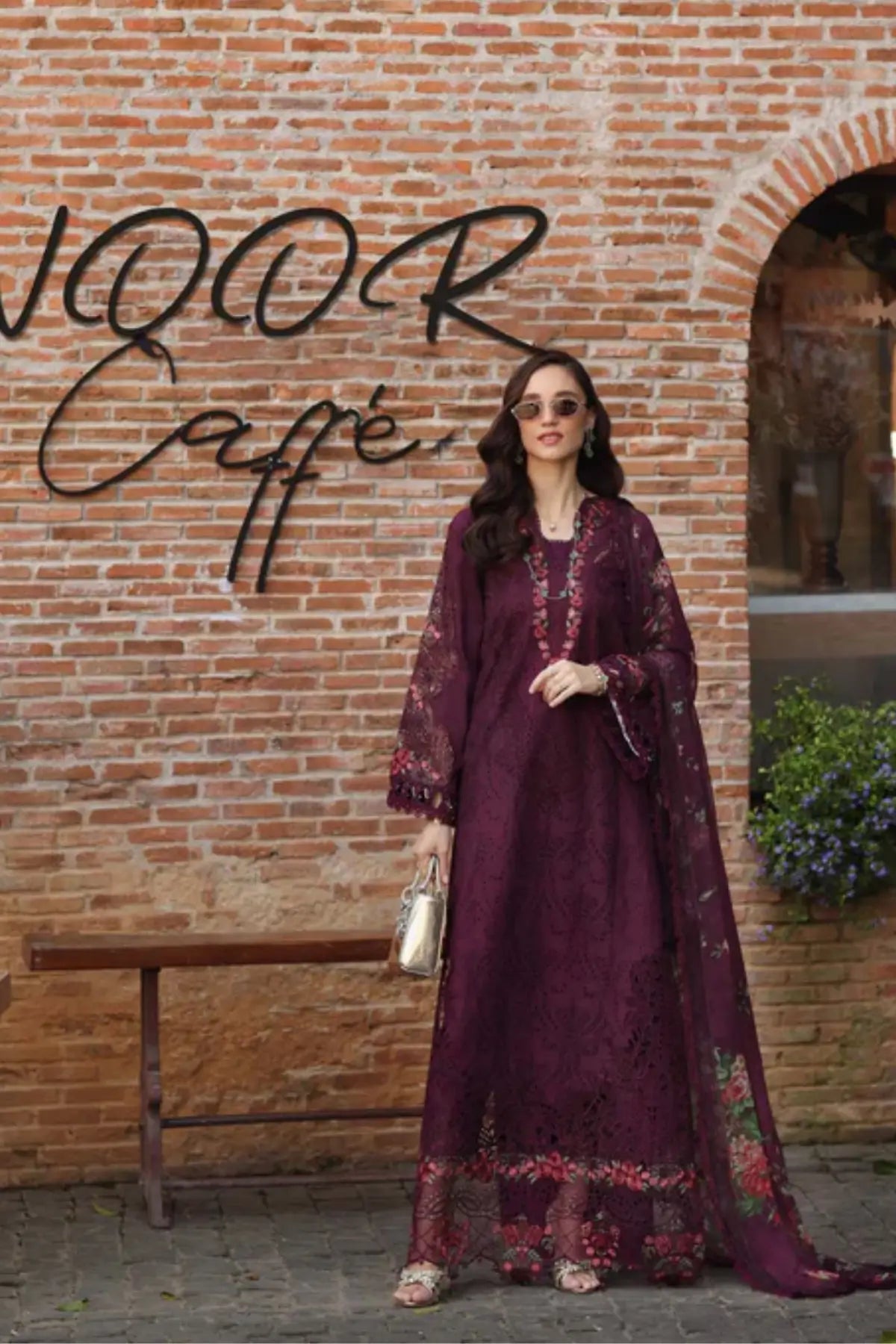 Plum Royal D10 by Saadia Asad royal plum Eid lawn 3PC suit with embroidered details and chiffon dupatta