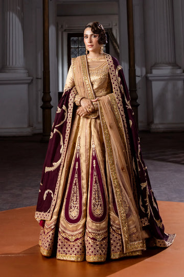 Plum Spark designer bridal lehenga pishwas with embroidered dupatta & velvet shawl – Erum Khan Jahan Vol IV wedding outfit.