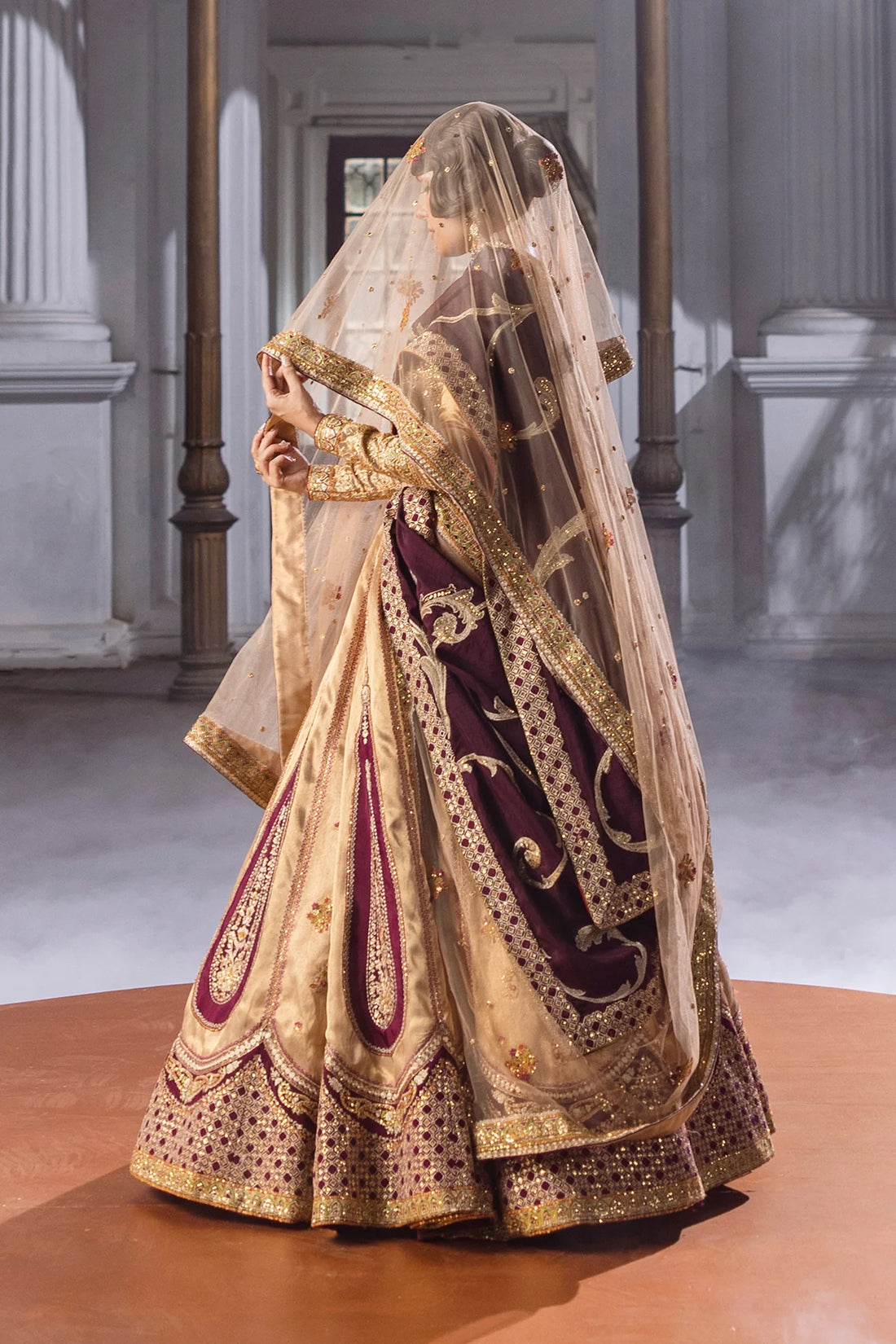 Plum Spark designer bridal lehenga pishwas with embroidered dupatta & velvet shawl – Erum Khan Jahan Vol IV wedding outfit.