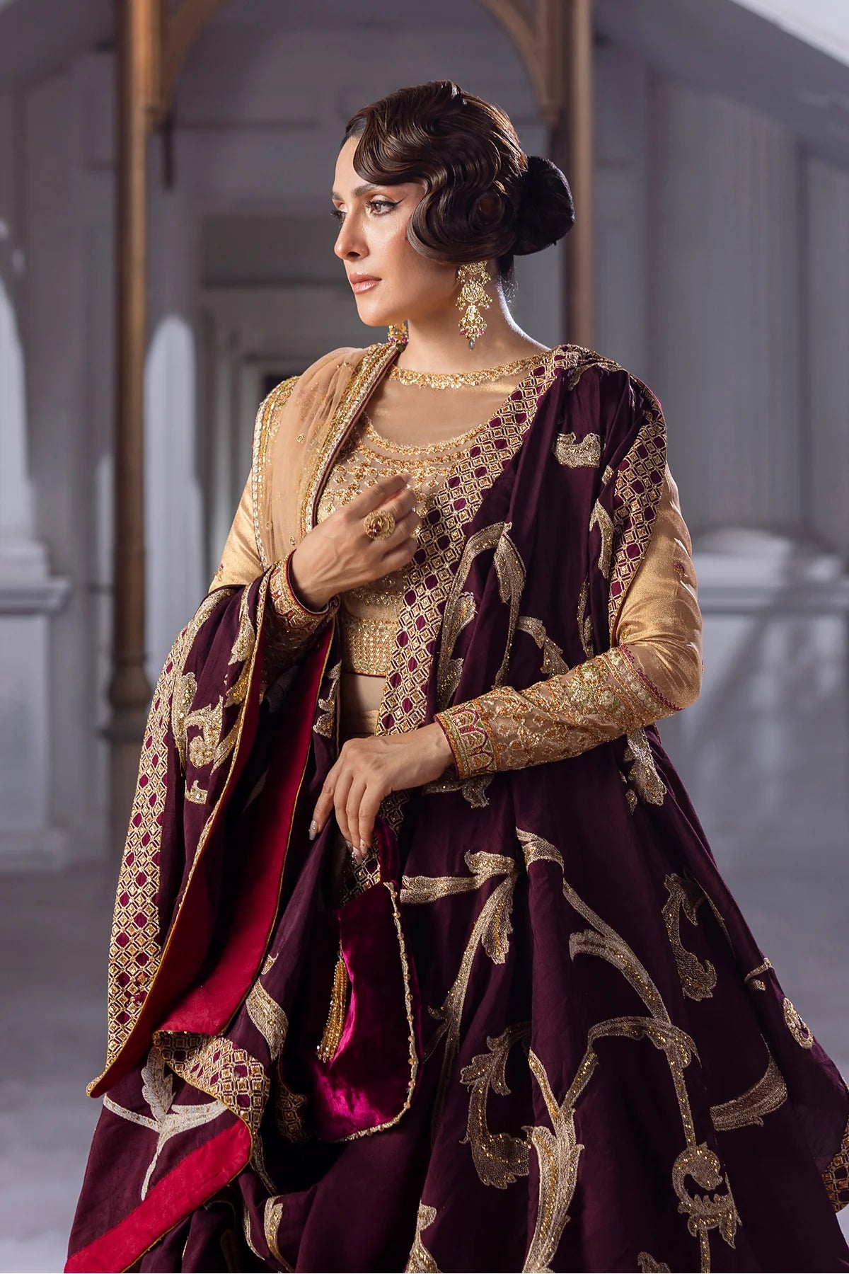 Plum Spark designer bridal lehenga pishwas with embroidered dupatta & velvet shawl – Erum Khan Jahan Vol IV wedding outfit.