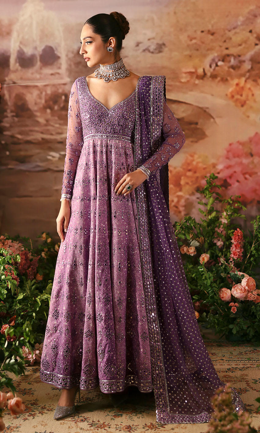 Purple raw silk peshwas with silver mirror work and sequined net dupatta – Poem by Pakistanimoda