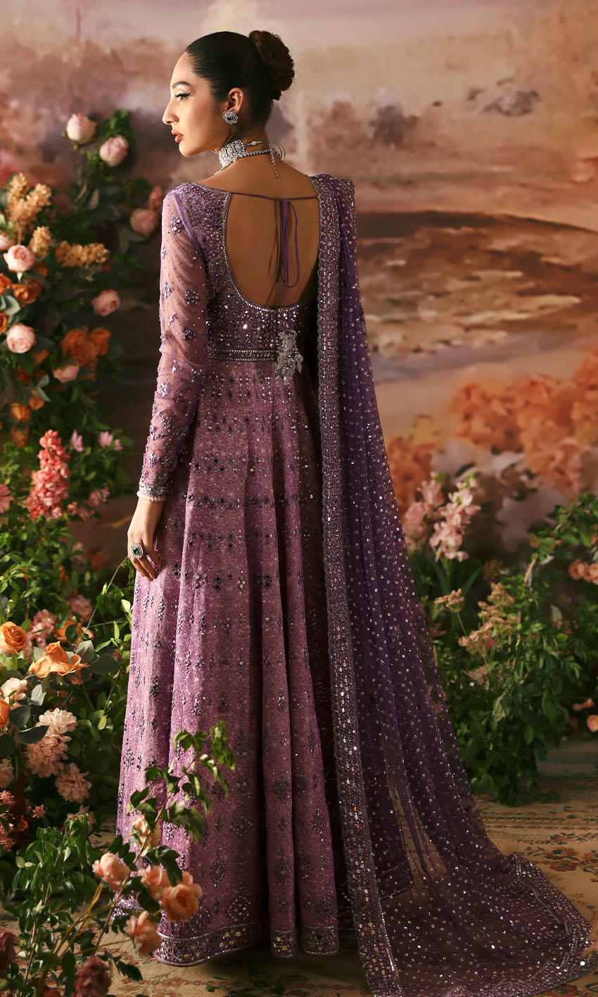 Purple raw silk peshwas with silver mirror work and sequined net dupatta – Poem by Pakistanimoda