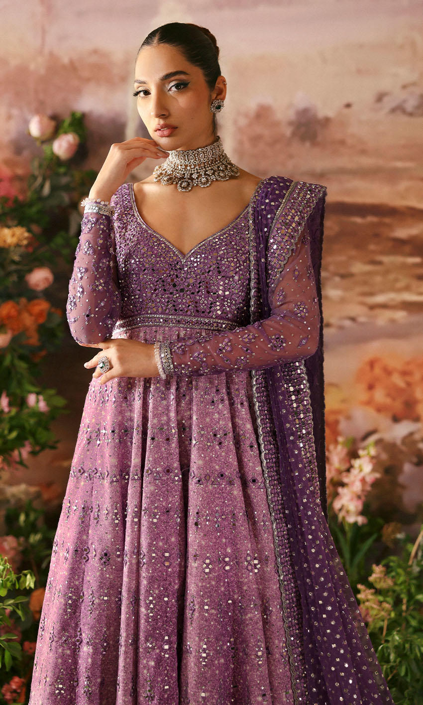 Purple raw silk peshwas with silver mirror work and sequined net dupatta – Poem by Pakistanimoda