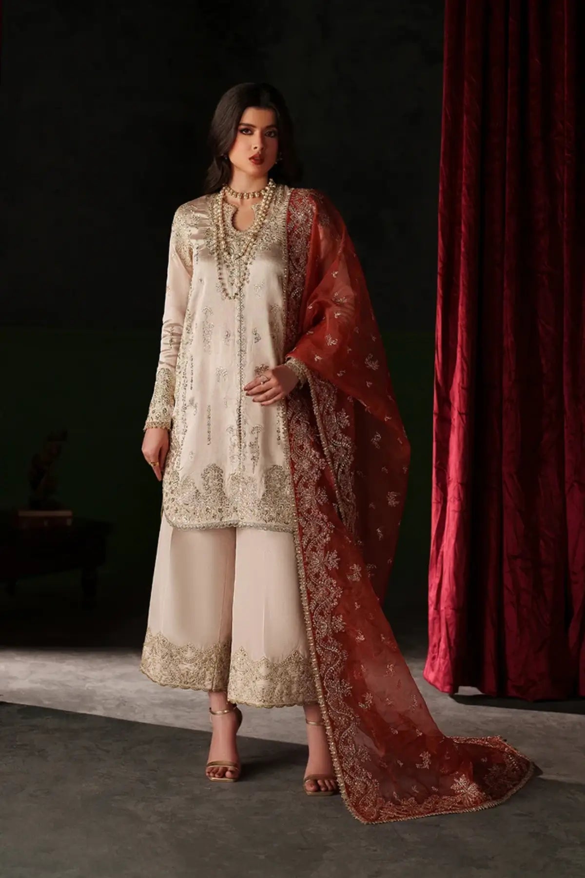 Poise ivory embroidered raw silk formal stitched Pakistani suit with organza dupatta