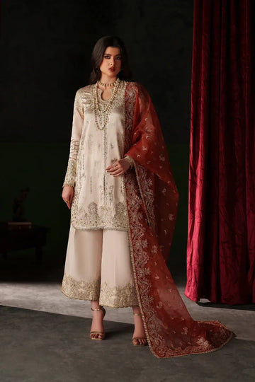 Poise ivory embroidered raw silk formal stitched Pakistani suit with organza dupatta