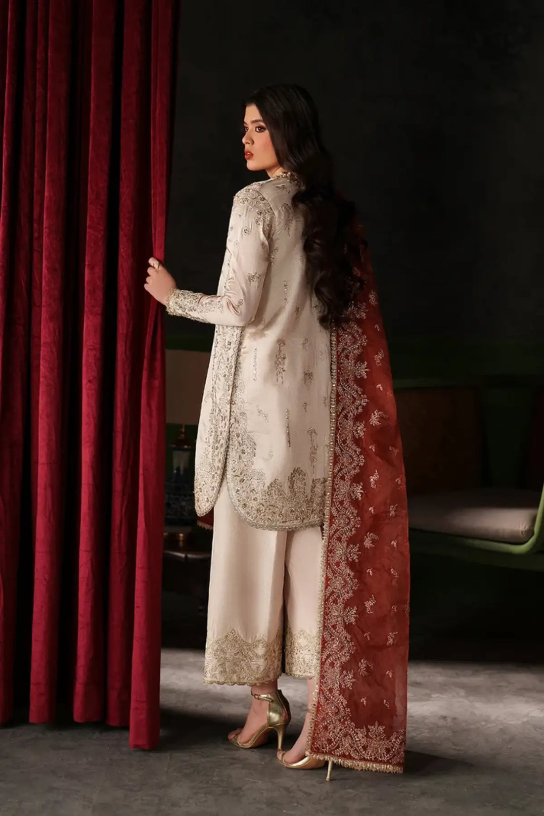 Poise ivory embroidered raw silk formal stitched Pakistani suit with organza dupatta