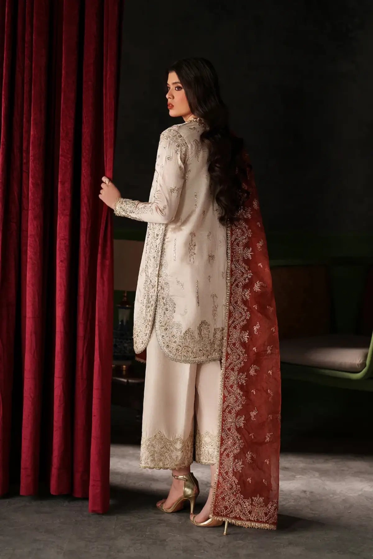 Poise ivory embroidered raw silk formal stitched Pakistani suit with organza dupatta