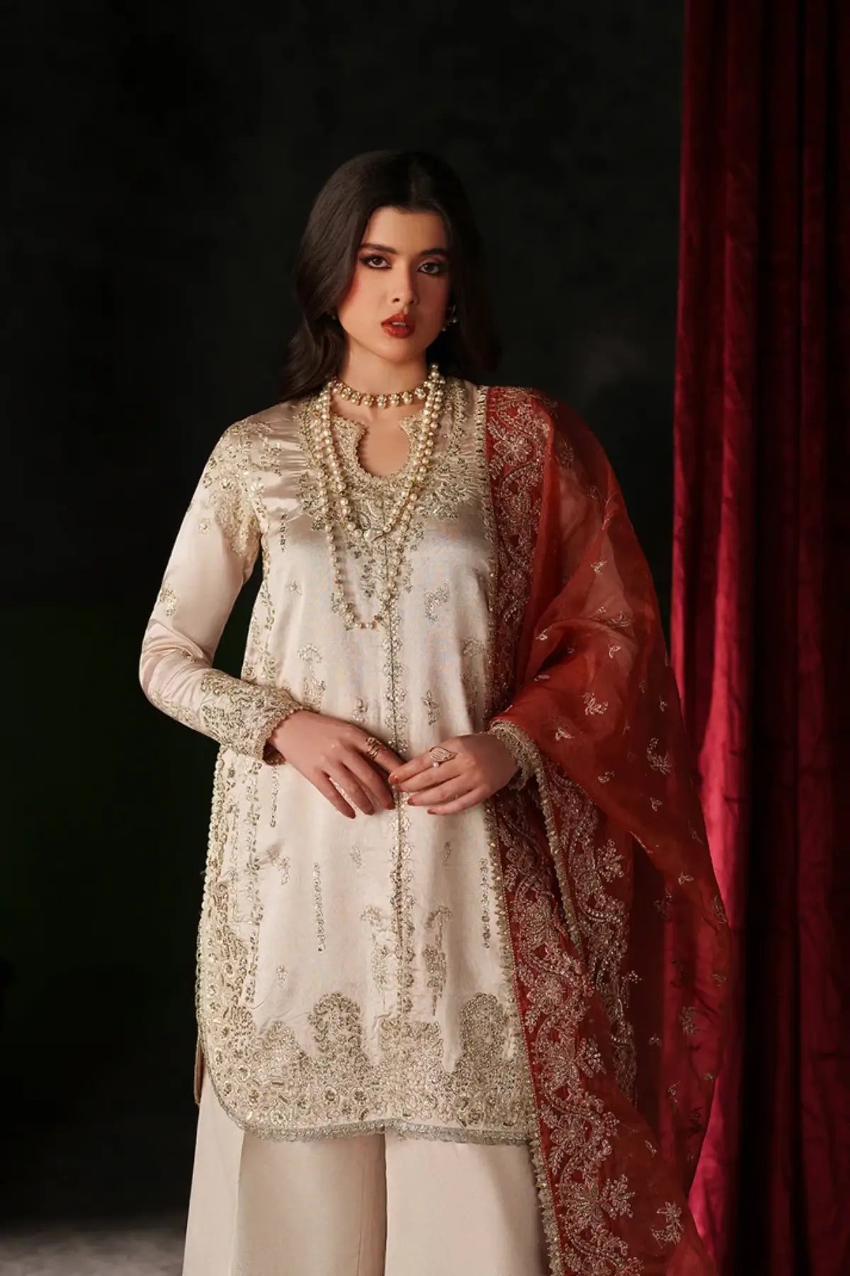 Poise ivory embroidered raw silk formal stitched Pakistani suit with organza dupatta