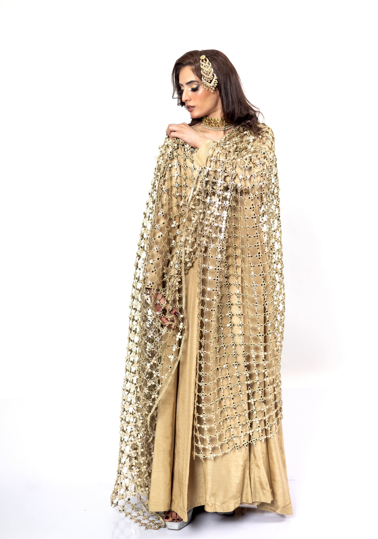 Gold Designer Frock & Gharara Set by MariamRaj with zardoze and resham embroidery for weddings and mehndi.
