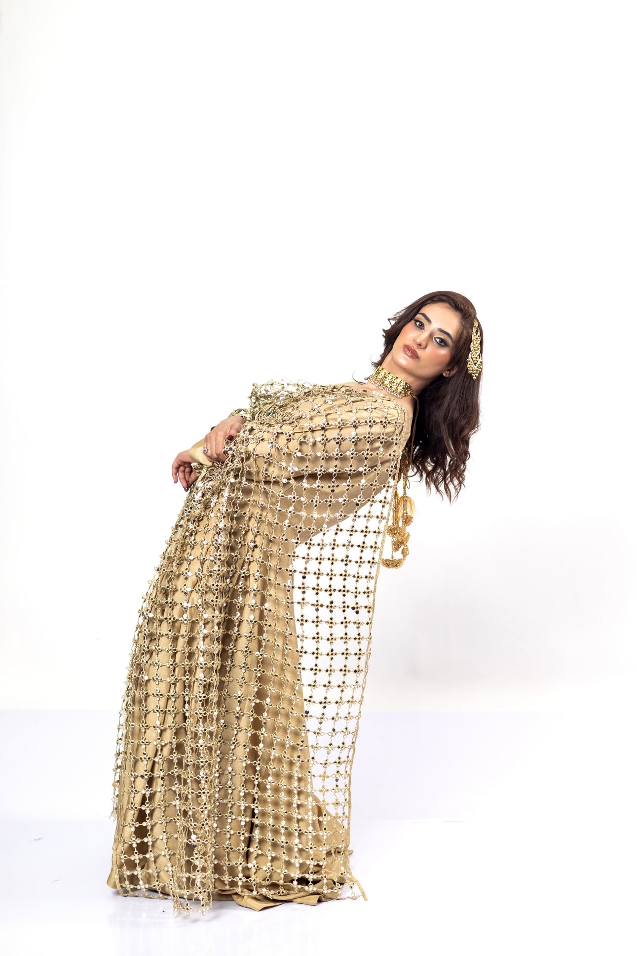 Gold Designer Frock & Gharara Set by MariamRaj with zardoze and resham embroidery for weddings and mehndi.