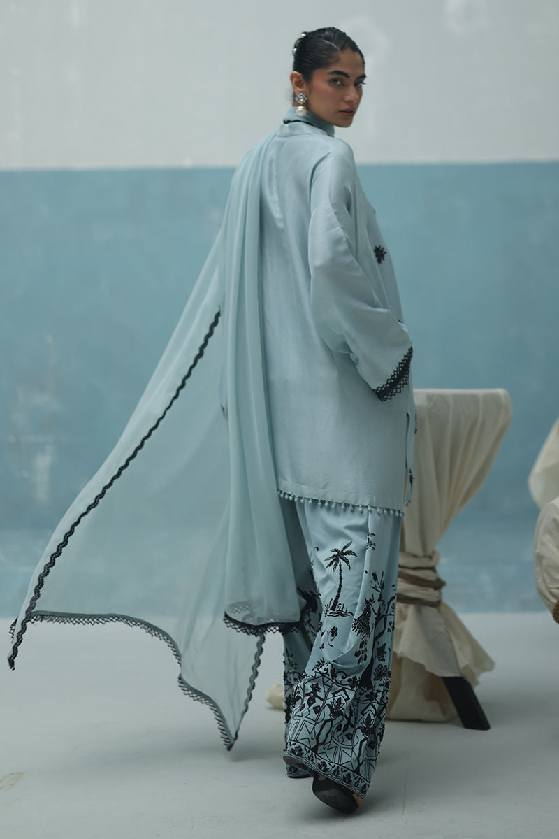 Powder blue embellished raw silk kurta with crepe farshi shalwar and chiffon dupatta – Pakistani formal wear for women in USA, UK, Canada.