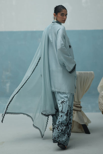 Powder blue embellished raw silk kurta with crepe farshi shalwar and chiffon dupatta – Pakistani formal wear for women in USA, UK, Canada.