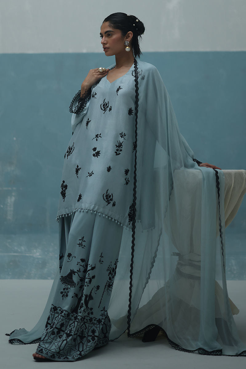 Powder blue embellished raw silk kurta with crepe farshi shalwar and chiffon dupatta – Pakistani formal wear for women in USA, UK, Canada.