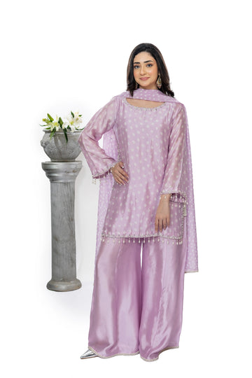 Preity lavender Sheesha silk palazzo suit with chunri dupatta and handwork by MariamRaj