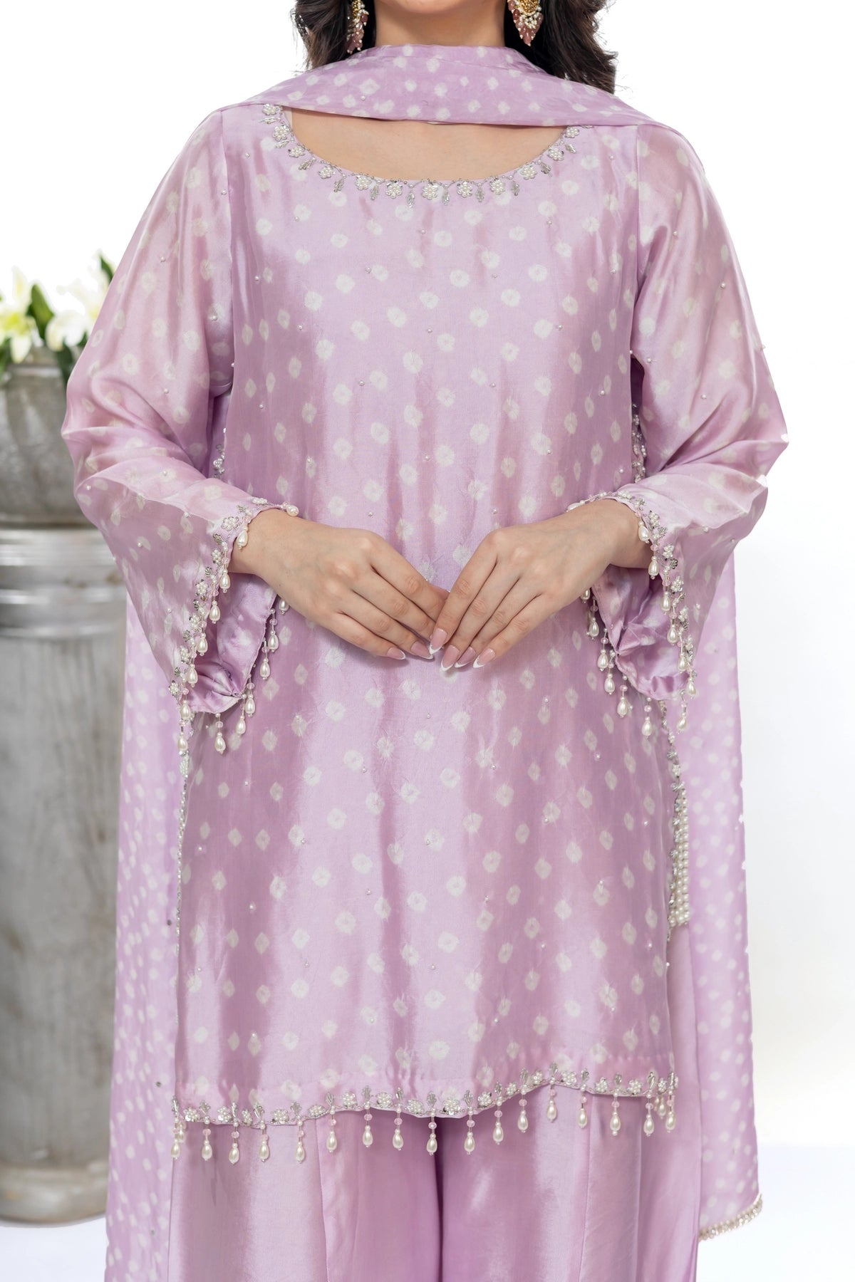 Preity lavender Sheesha silk palazzo suit with chunri dupatta and handwork by MariamRaj