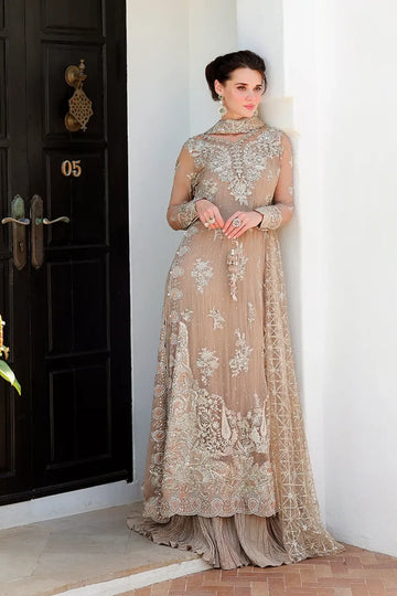 Pretty Rebel beige hand embellished chiffon engagement dress with pearl detailing, raw silk trouser and sequinned net dupatta with pearl motif