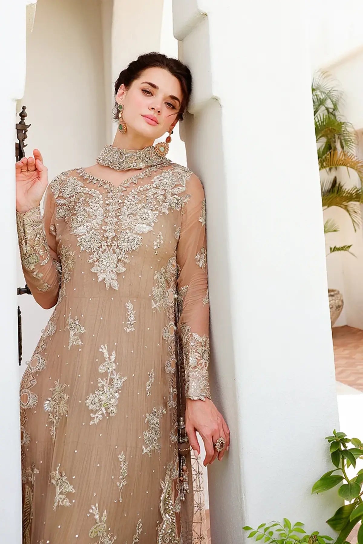 Pretty Rebel beige hand embellished chiffon engagement dress with pearl detailing, raw silk trouser and sequinned net dupatta with pearl motif