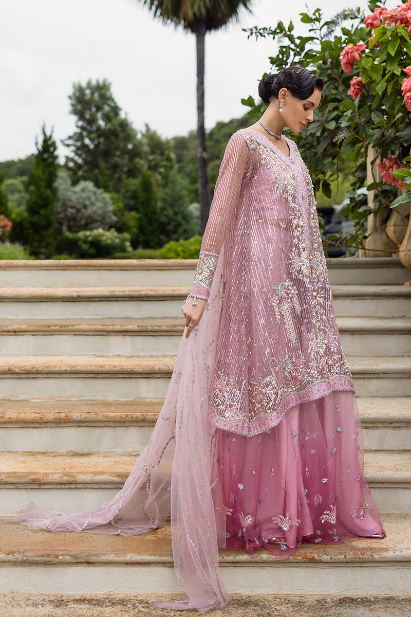 Mushq Pretty in Pink hand-embellished light pink party wear dress with dupatta – available stitched at Pakistanimoda.com.
