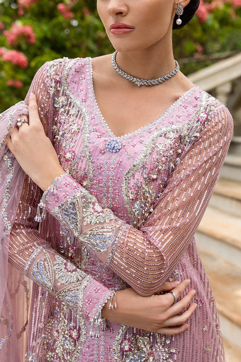 Mushq Pretty in Pink hand-embellished light pink party wear dress with dupatta – available stitched at Pakistanimoda.com.