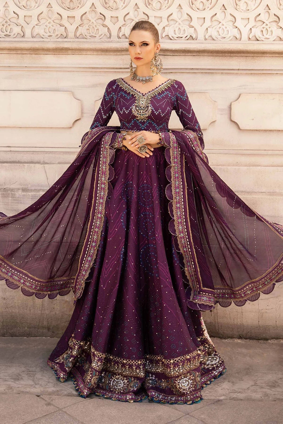 Purple Embroidered Cotton Satin Suit By Maria B