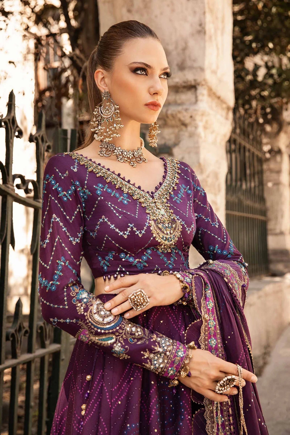 Purple Embroidered Cotton Satin Suit By Maria B
