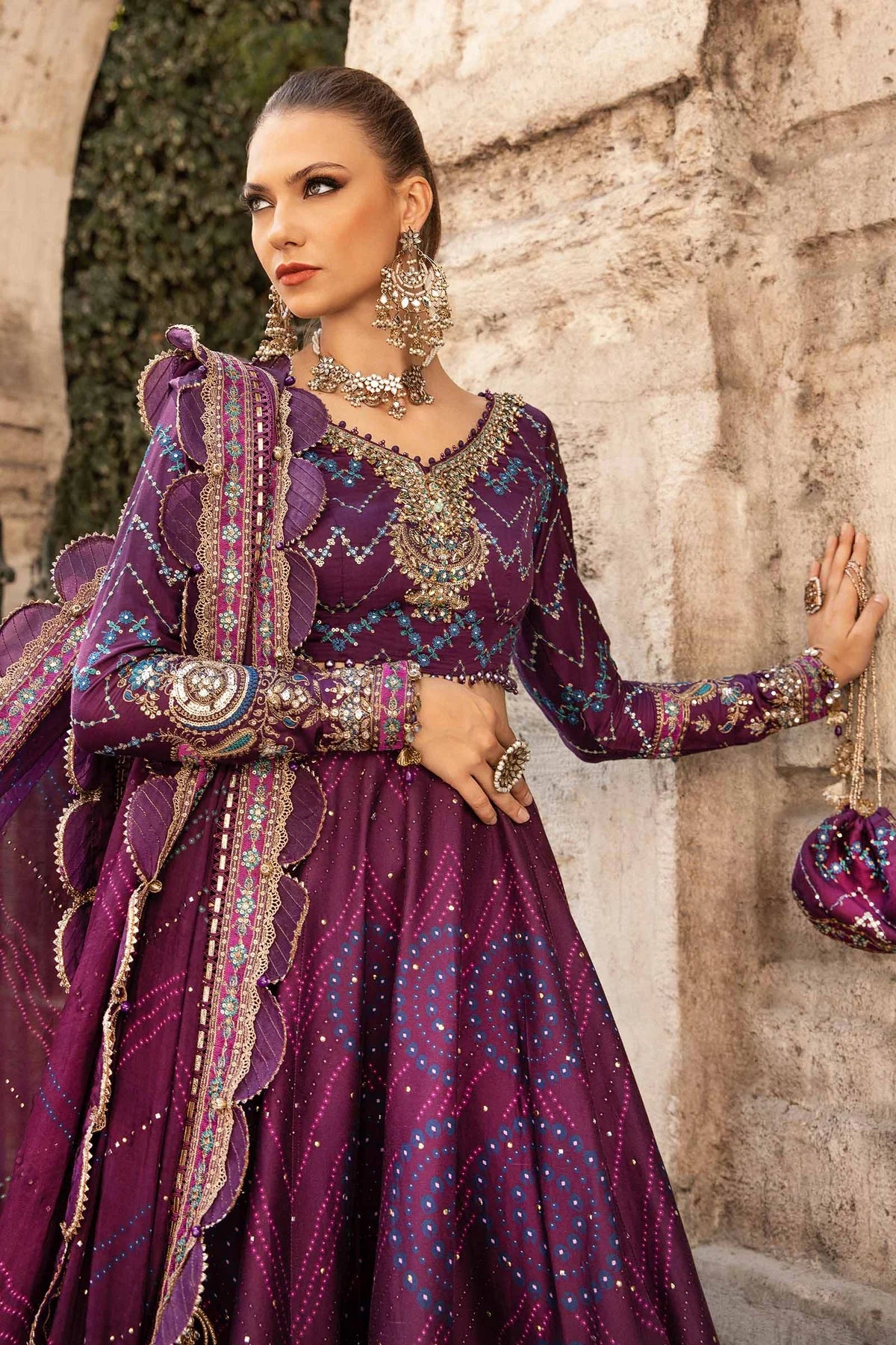 Purple Embroidered Cotton Satin Suit By Maria B
