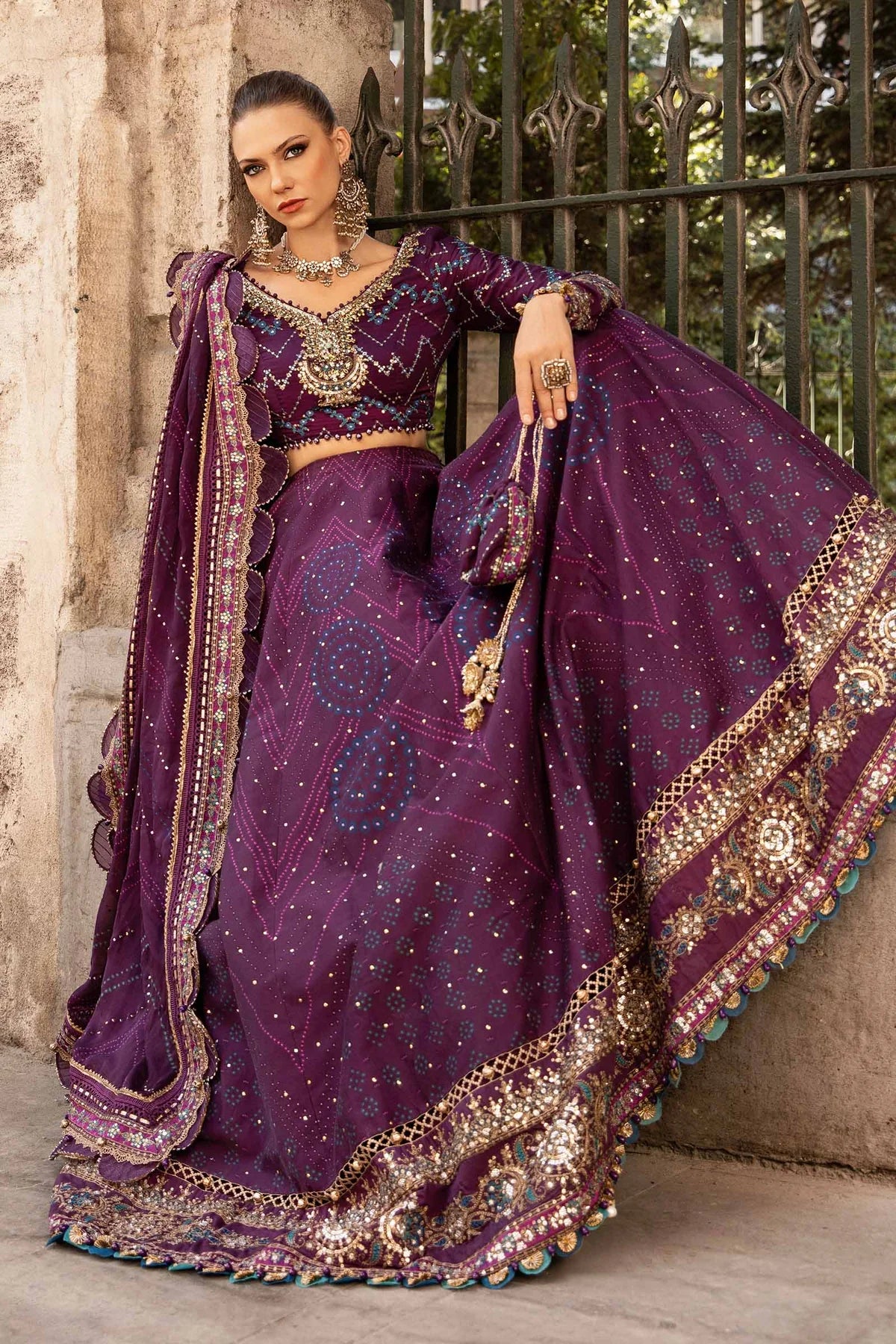 Purple Embroidered Cotton Satin Suit By Maria B