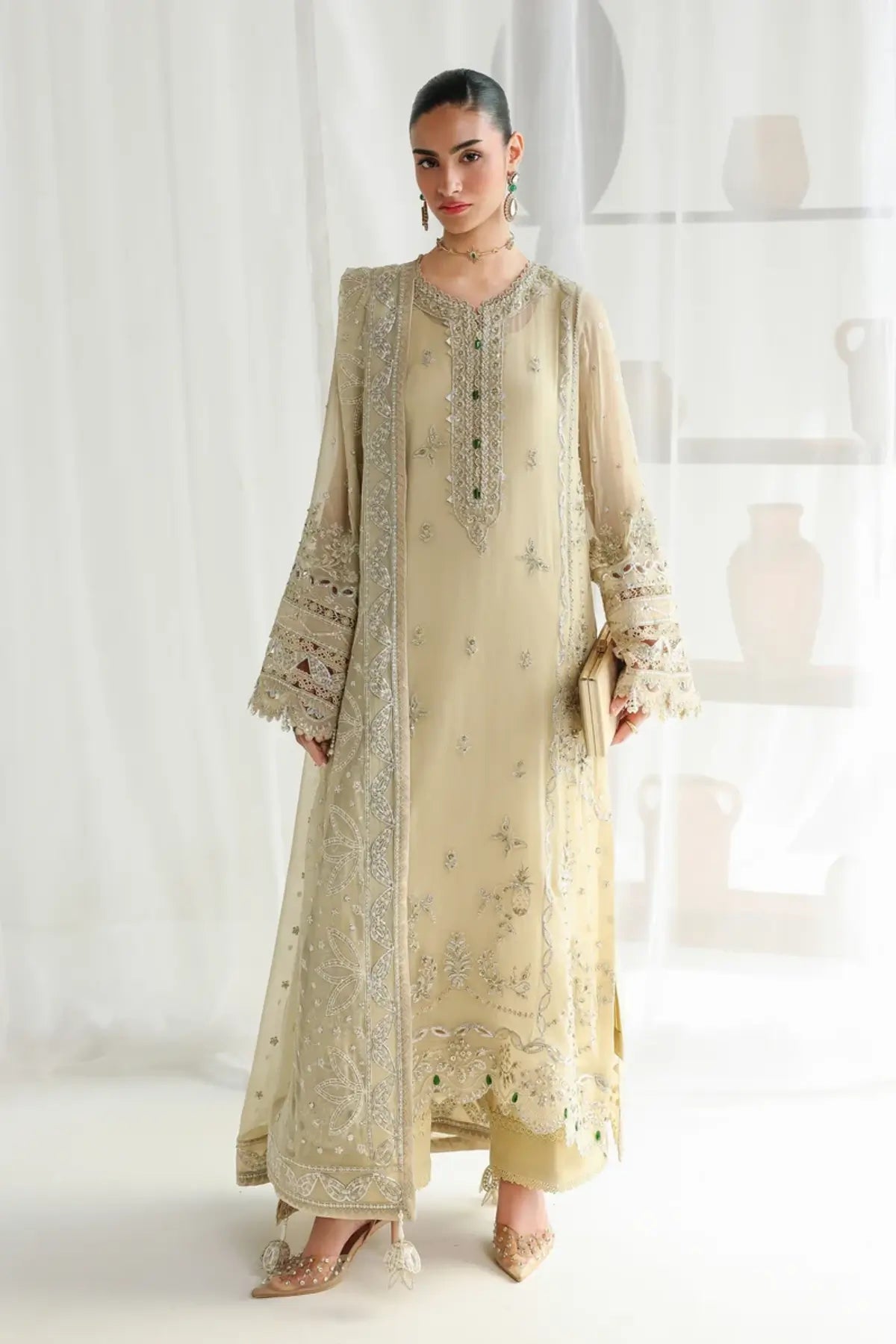 QCC-01 Deena champagne gold embroidered chiffon stitched 3PC suit with handmade embroidery, 3D florals and chiffon dupatta