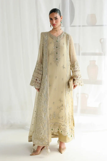 QCC-01 Deena champagne gold embroidered chiffon stitched 3PC suit with handmade embroidery, 3D florals and chiffon dupatta