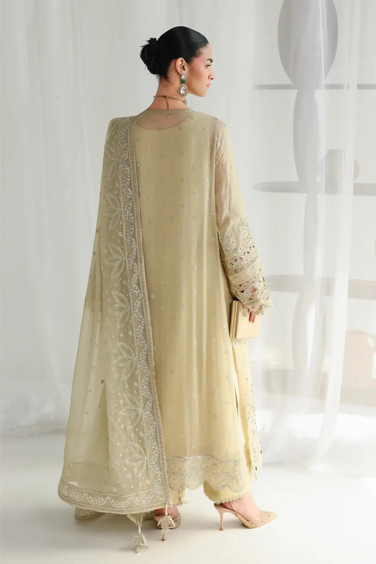 QCC-01 Deena champagne gold embroidered chiffon stitched 3PC suit with handmade embroidery, 3D florals and chiffon dupatta