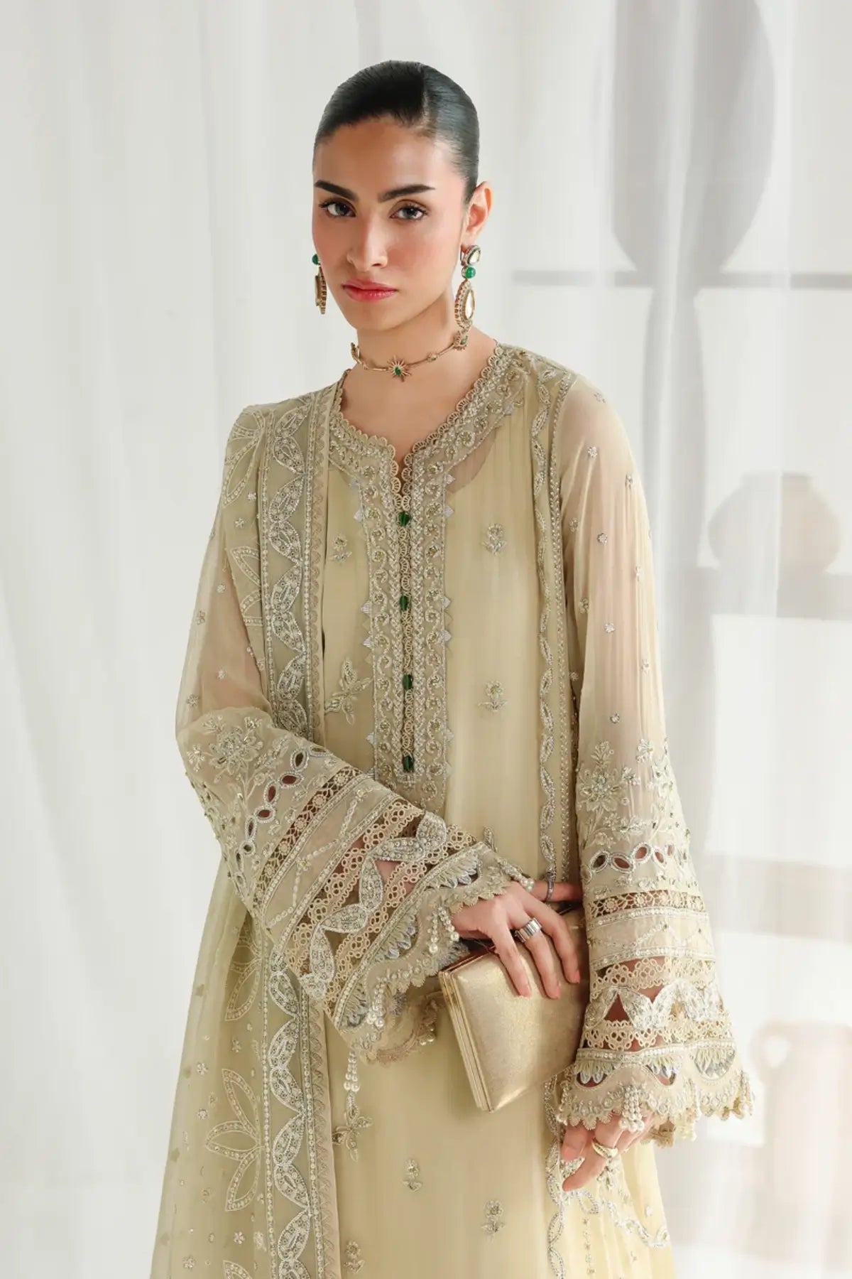QCC-01 Deena champagne gold embroidered chiffon stitched 3PC suit with handmade embroidery, 3D florals and chiffon dupatta