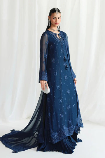 QCC-02 Shireen navy blue embroidered chiffon stitched 3PC suit with handmade details, raw silk trouser and chiffon dupatta
