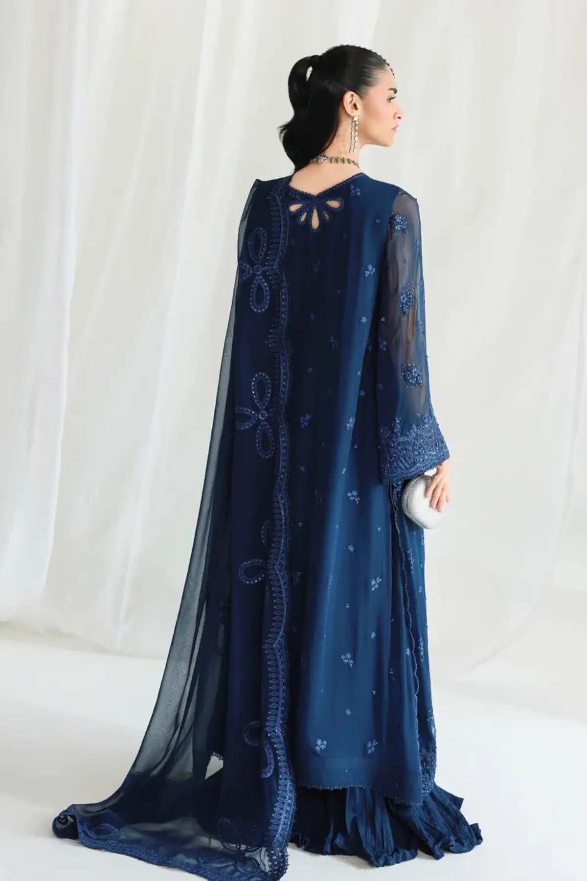 QCC-02 Shireen navy blue embroidered chiffon stitched 3PC suit with handmade details, raw silk trouser and chiffon dupatta
