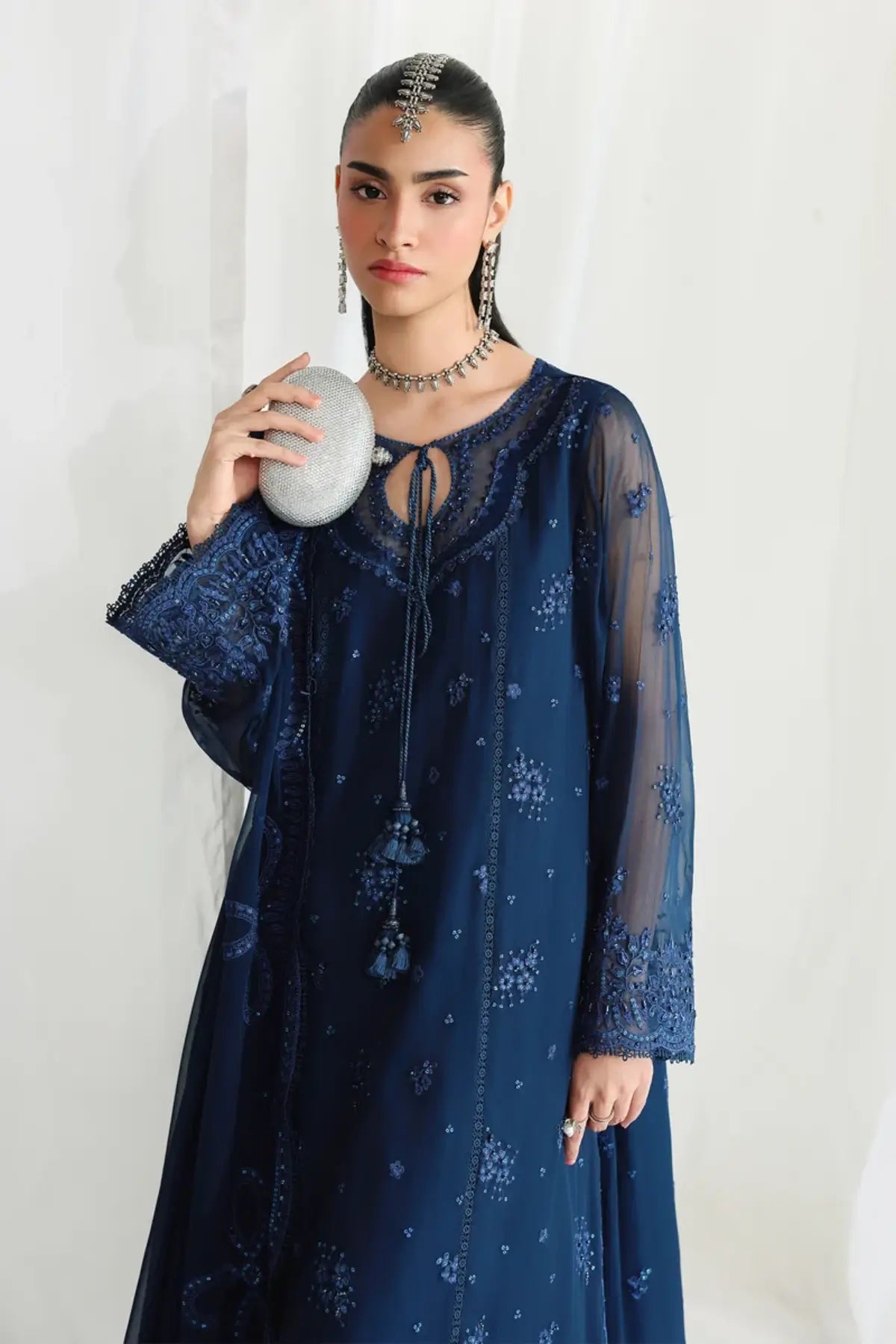 QCC-02 Shireen navy blue embroidered chiffon stitched 3PC suit with handmade details, raw silk trouser and chiffon dupatta