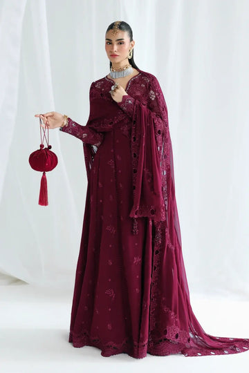 QCC-03 Wafa deep burgundy embroidered chiffon stitched 3PC suit with handmade embroidery, 3D floral details and chiffon dupatta