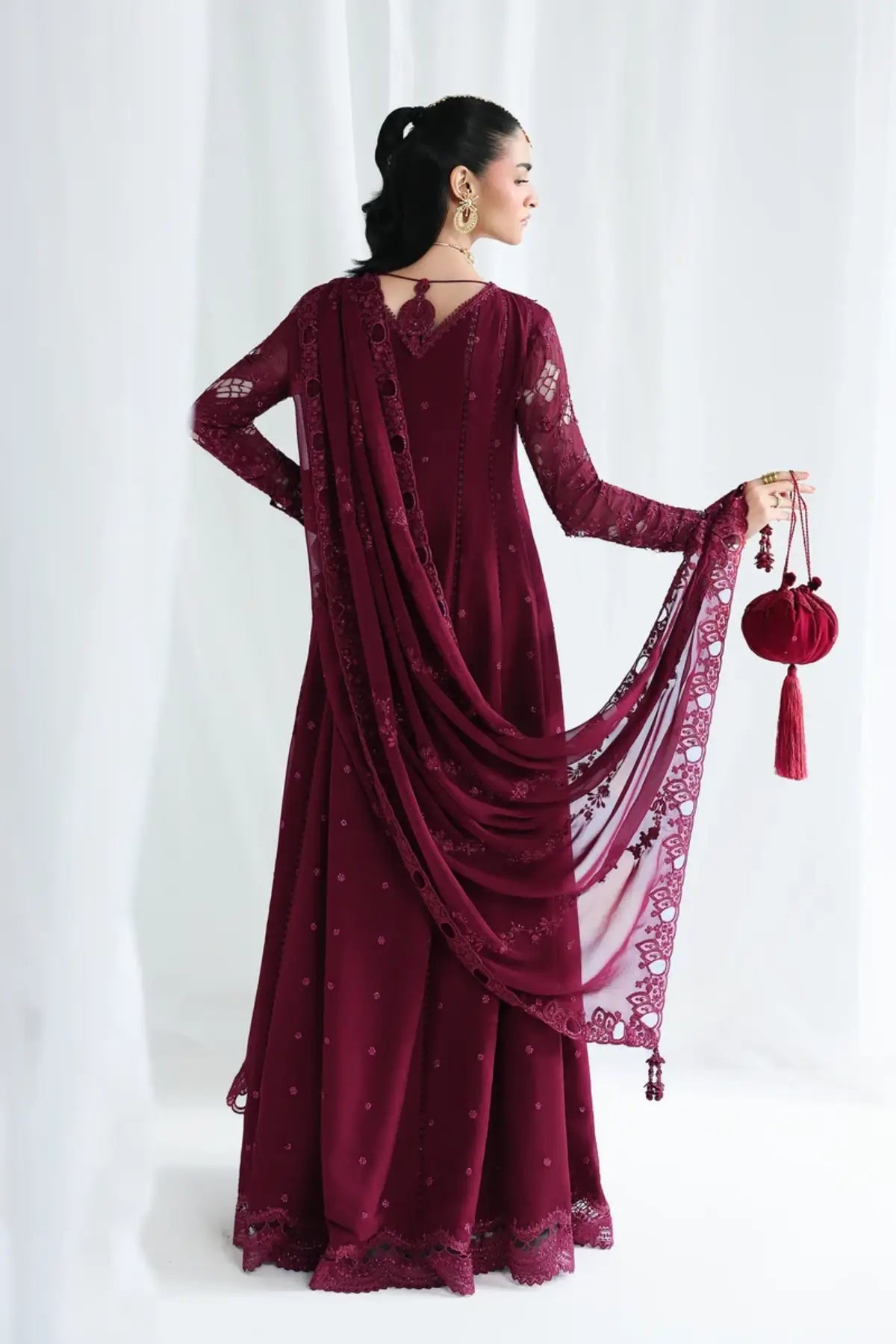 QCC-03 Wafa deep burgundy embroidered chiffon stitched 3PC suit with handmade embroidery, 3D floral details and chiffon dupatta
