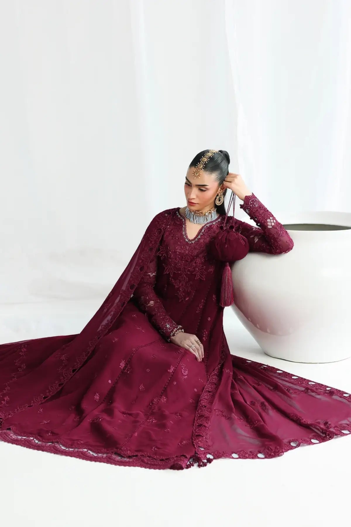 QCC-03 Wafa deep burgundy embroidered chiffon stitched 3PC suit with handmade embroidery, 3D floral details and chiffon dupatta