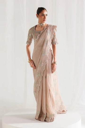 QCC-04 Novera dusty pink embroidered chiffon stitched saree with handmade bodice, 3D floral details and raw silk petticoat
