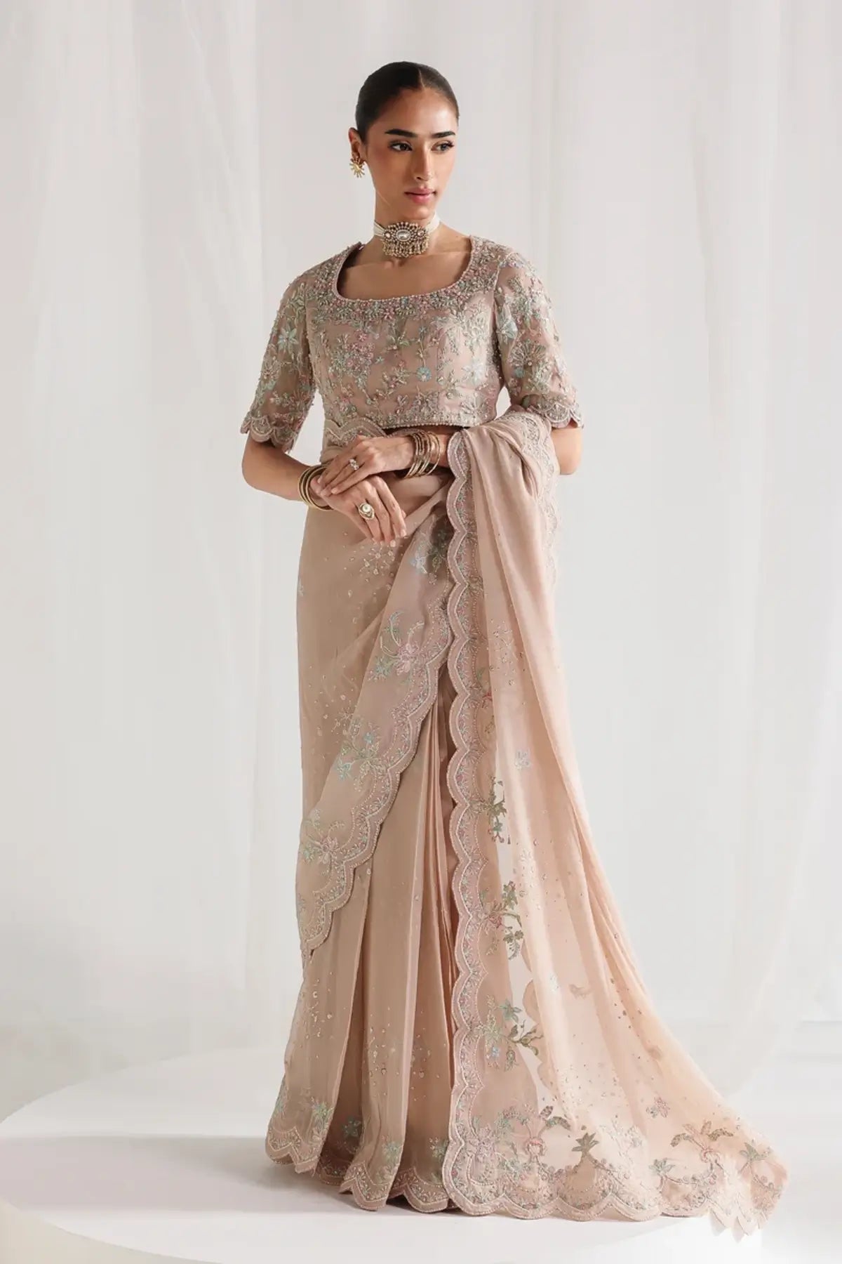 QCC-04 Novera dusty pink embroidered chiffon stitched saree with handmade bodice, 3D floral details and raw silk petticoat
