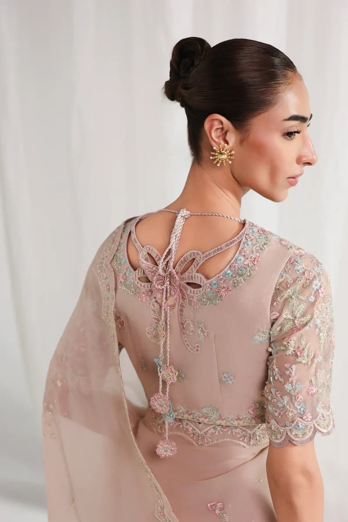 QCC-04 Novera dusty pink embroidered chiffon stitched saree with handmade bodice, 3D floral details and raw silk petticoat