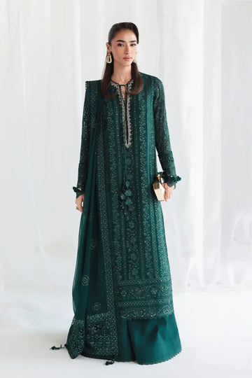 QCC-05 Janaan emerald green chiffon stitched 3PC suit with intricate embroidery, 3D floral details and chiffon dupatta