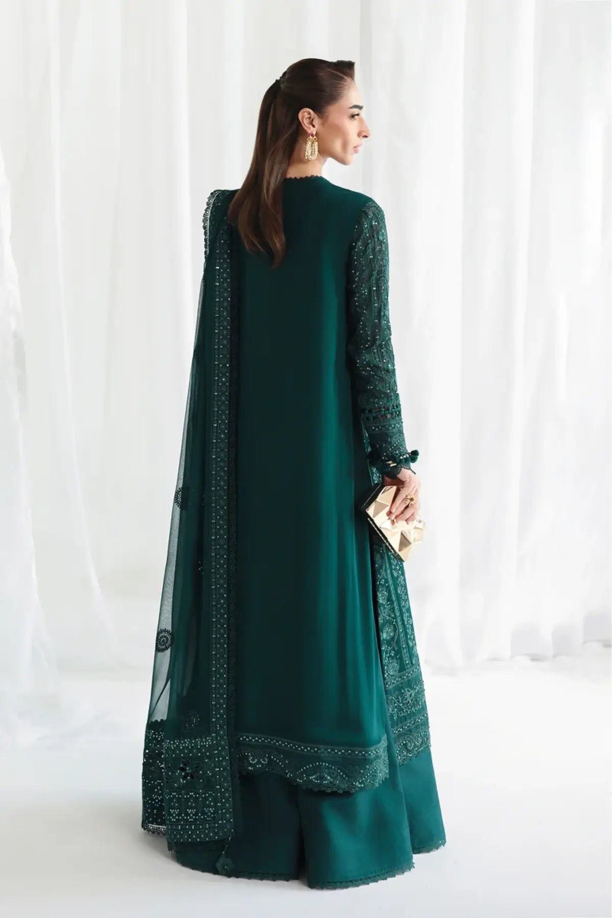 QCC-05 Janaan emerald green chiffon stitched 3PC suit with intricate embroidery, 3D floral details and chiffon dupatta