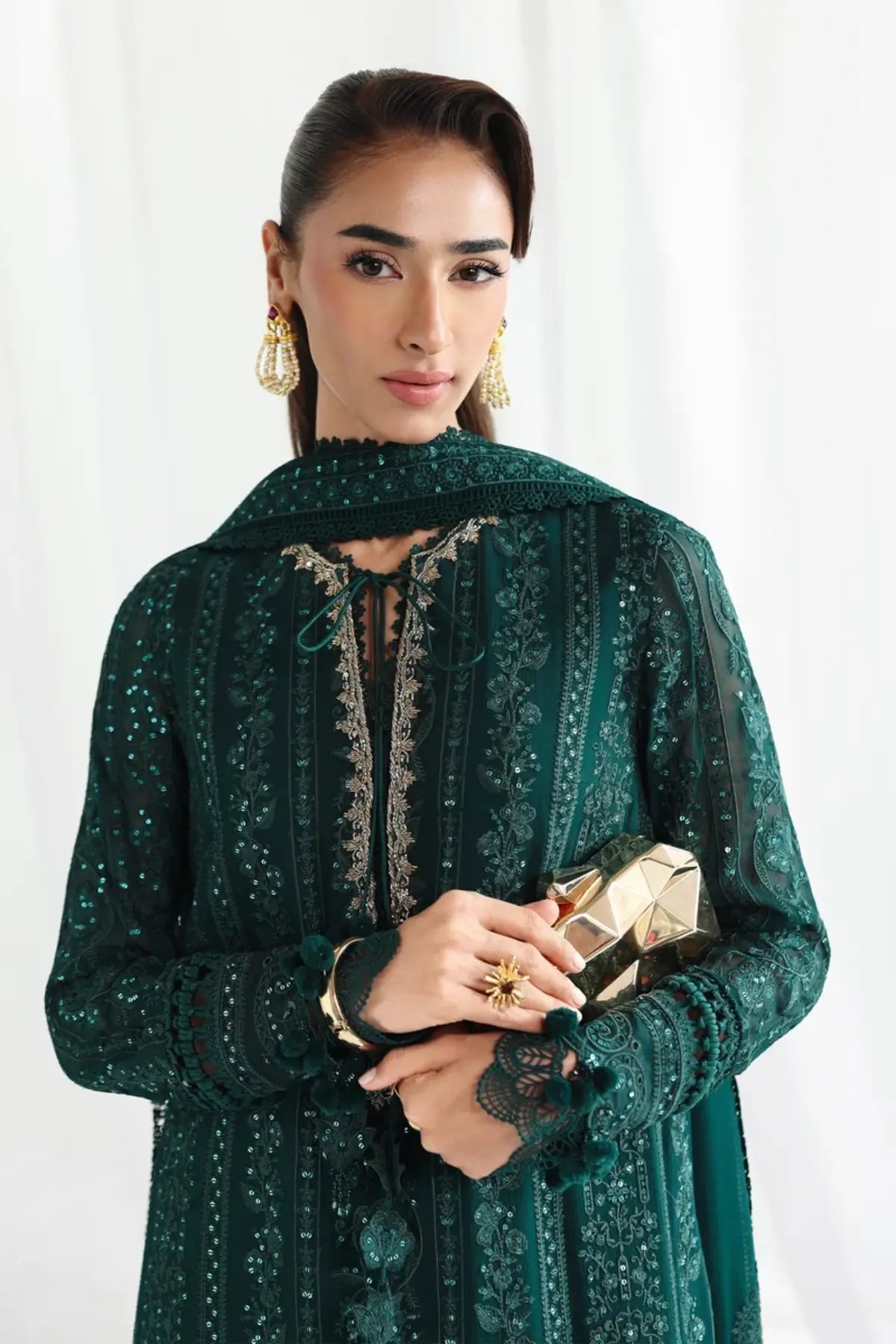 QCC-05 Janaan emerald green chiffon stitched 3PC suit with intricate embroidery, 3D floral details and chiffon dupatta
