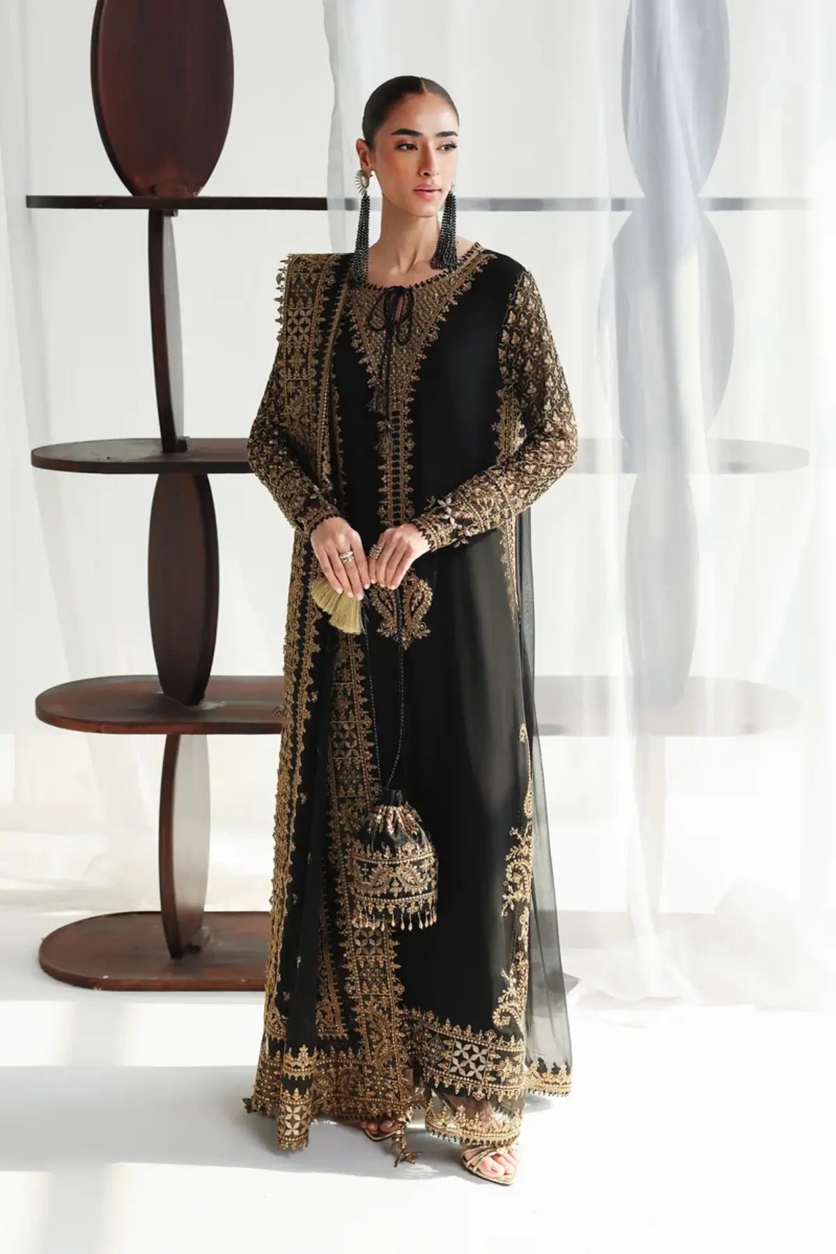QCC-06 Waliya black and gold embroidered chiffon stitched 3PC suit with handmade details, pearl accents and chiffon dupatta