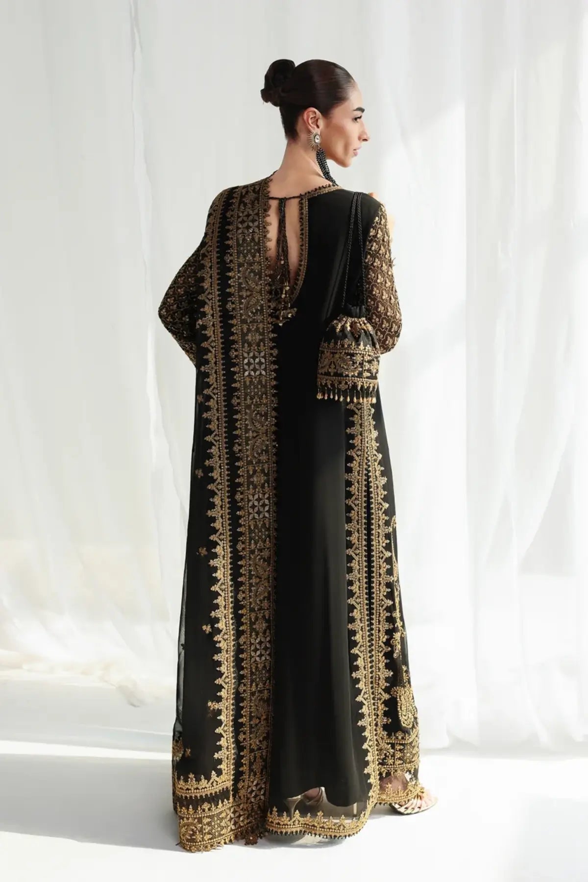 QCC-06 Waliya black and gold embroidered chiffon stitched 3PC suit with handmade details, pearl accents and chiffon dupatta