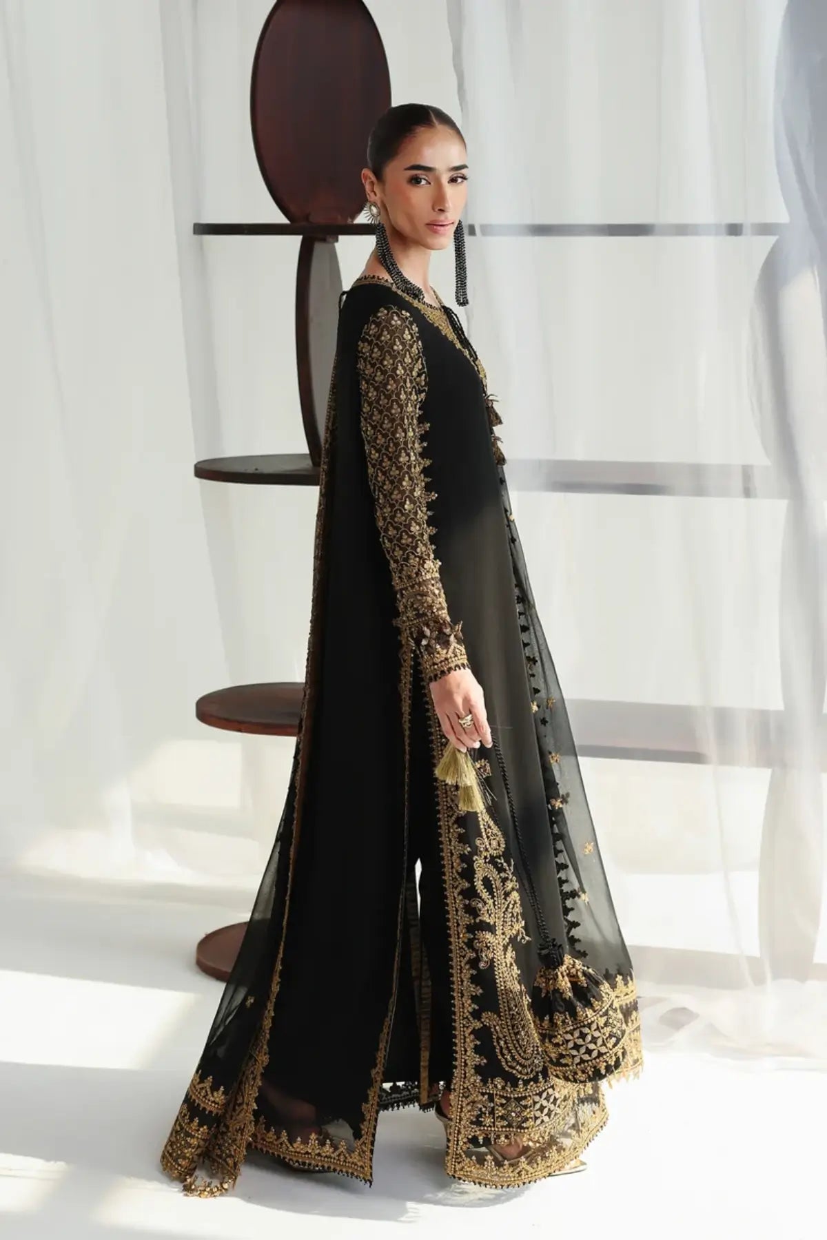 QCC-06 Waliya black and gold embroidered chiffon stitched 3PC suit with handmade details, pearl accents and chiffon dupatta