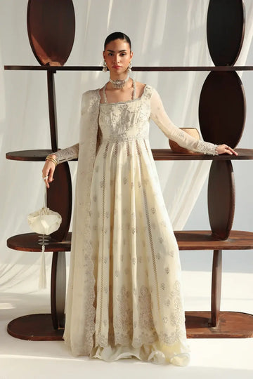 QCC-07 Amera ivory embroidered chiffon Nikkah stitched suit with handmade bodice, flowing kalis and embroidered chiffon dupatta