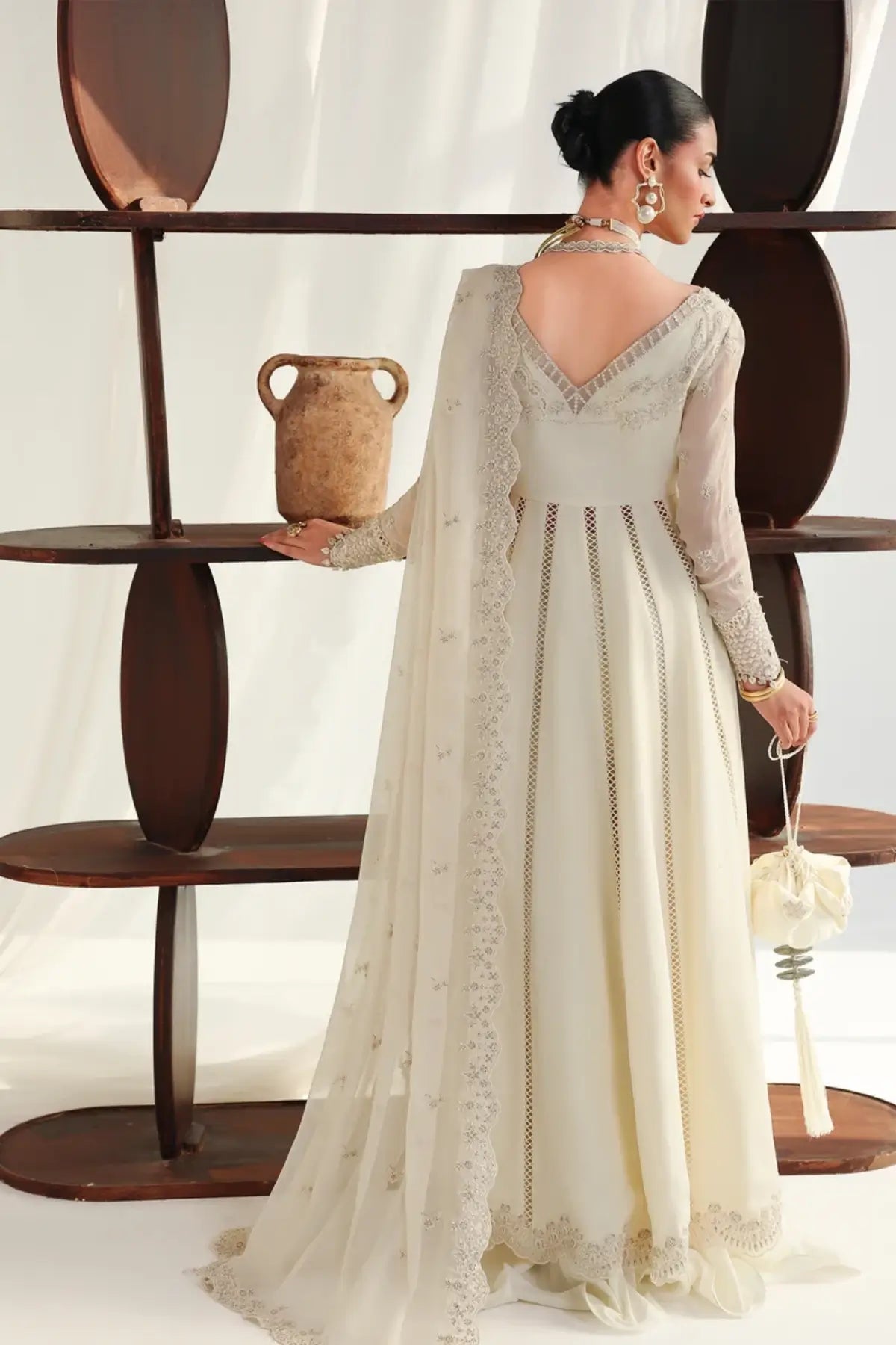 QCC-07 Amera ivory embroidered chiffon Nikkah stitched suit with handmade bodice, flowing kalis and embroidered chiffon dupatta
