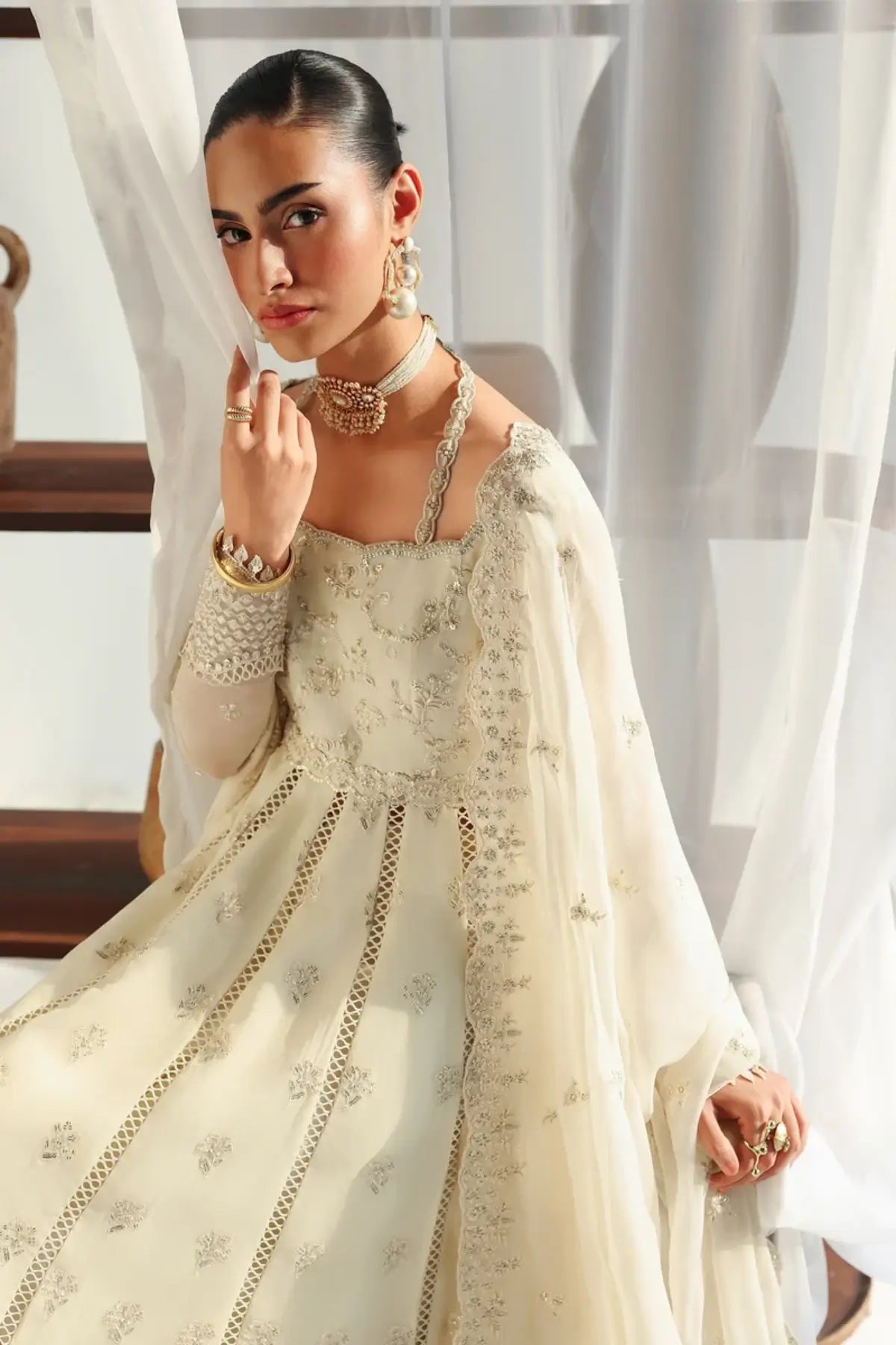 QCC-07 Amera ivory embroidered chiffon Nikkah stitched suit with handmade bodice, flowing kalis and embroidered chiffon dupatta